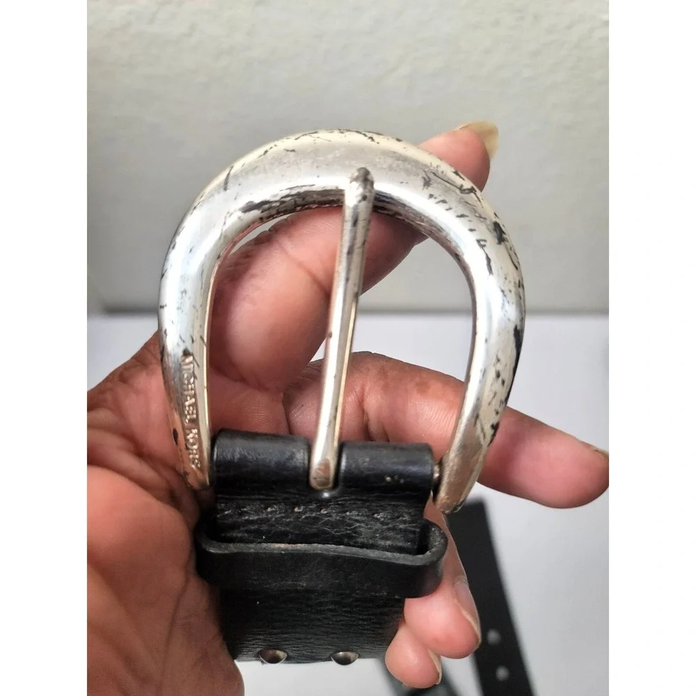 Michael Kors Black Leather Belt With Silver-Tone Buckle Size L‎